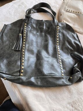 Stud-Trim Dark Olive Leather Tote Bag with Tassel